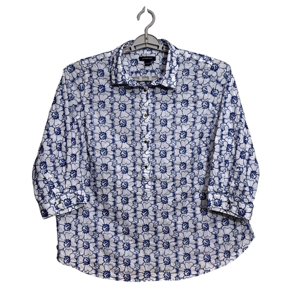 Lands' End Women 20W Blue White Floral‎ Embroidered Cotton Popover Shirt Coastal